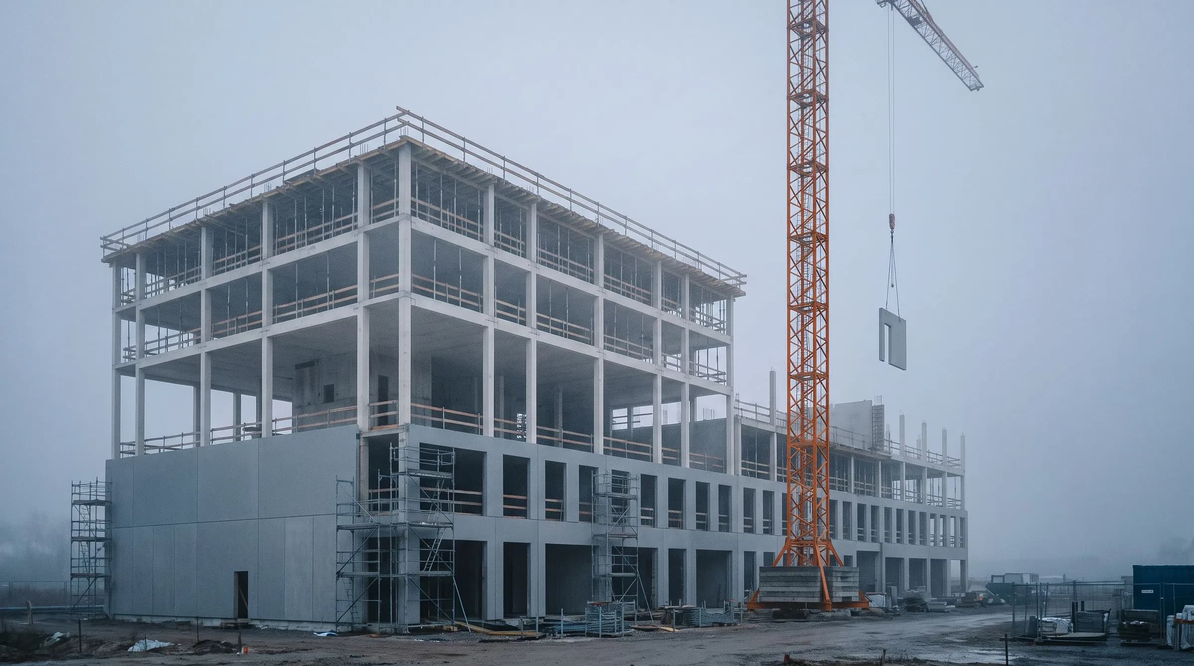 A concrete building under construction in morning fog, lower floors finished and upper floors bare, with a single orange tower crane beside it