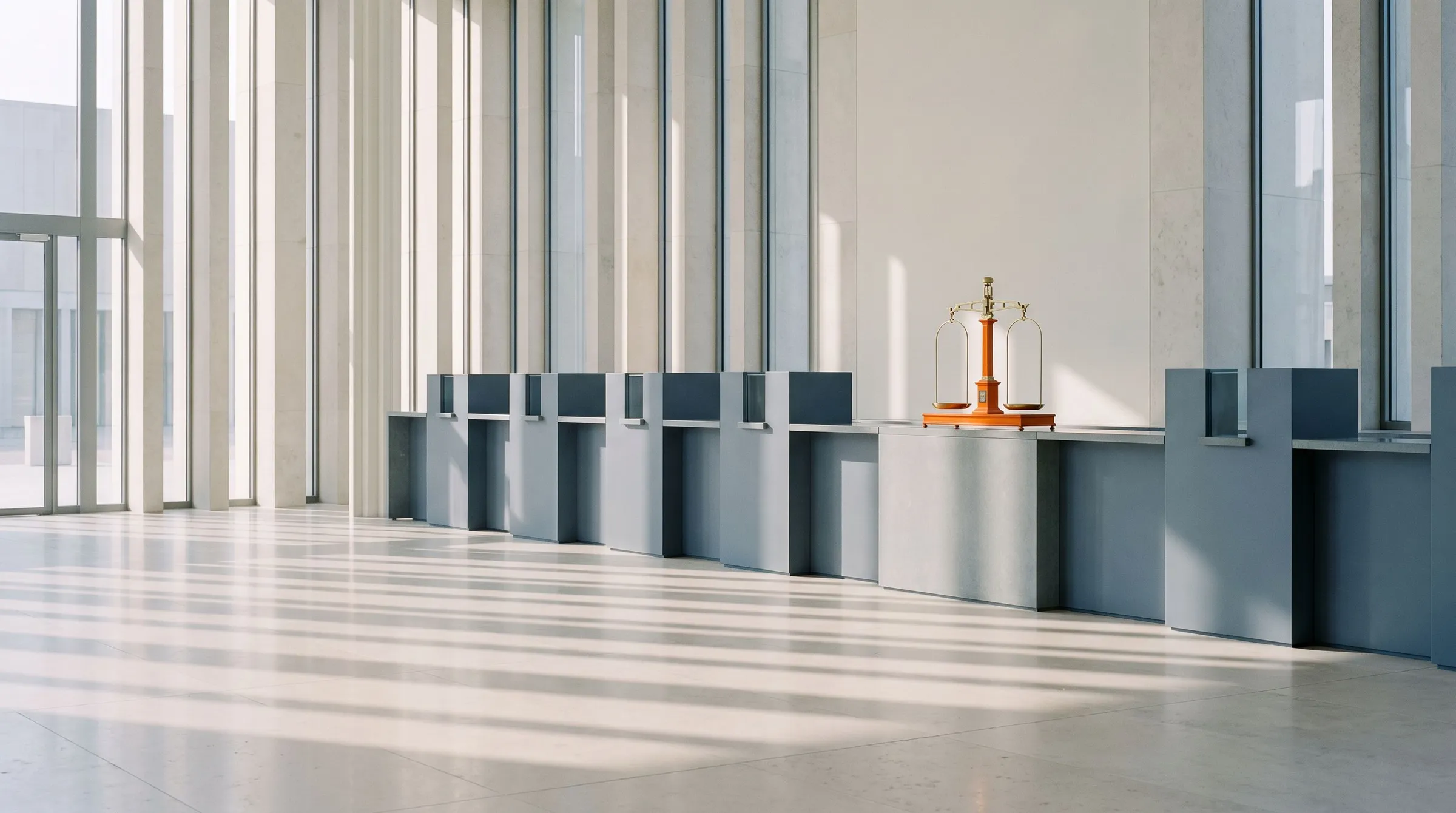 A bright limestone banking hall with grey teller counters, long column shadows and a single orange balance scale resting level on a counter