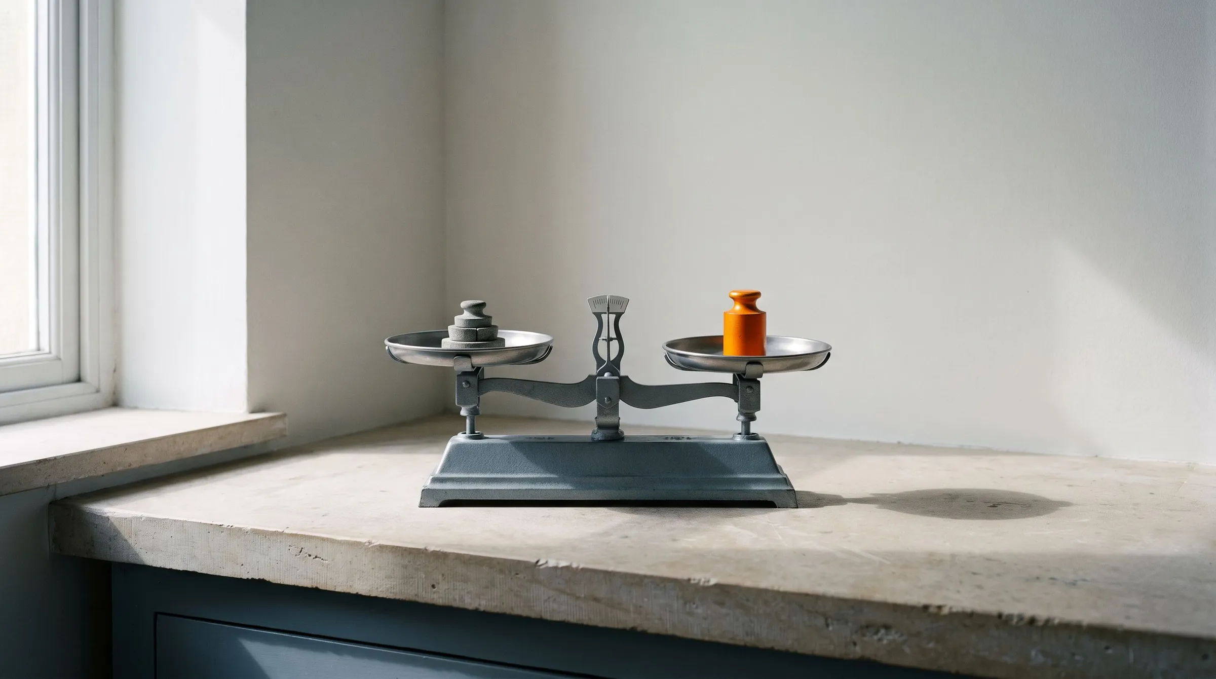 A grey two-pan balance scale on a pale stone counter, a stack of grey weights on one side and a single orange weight on the other