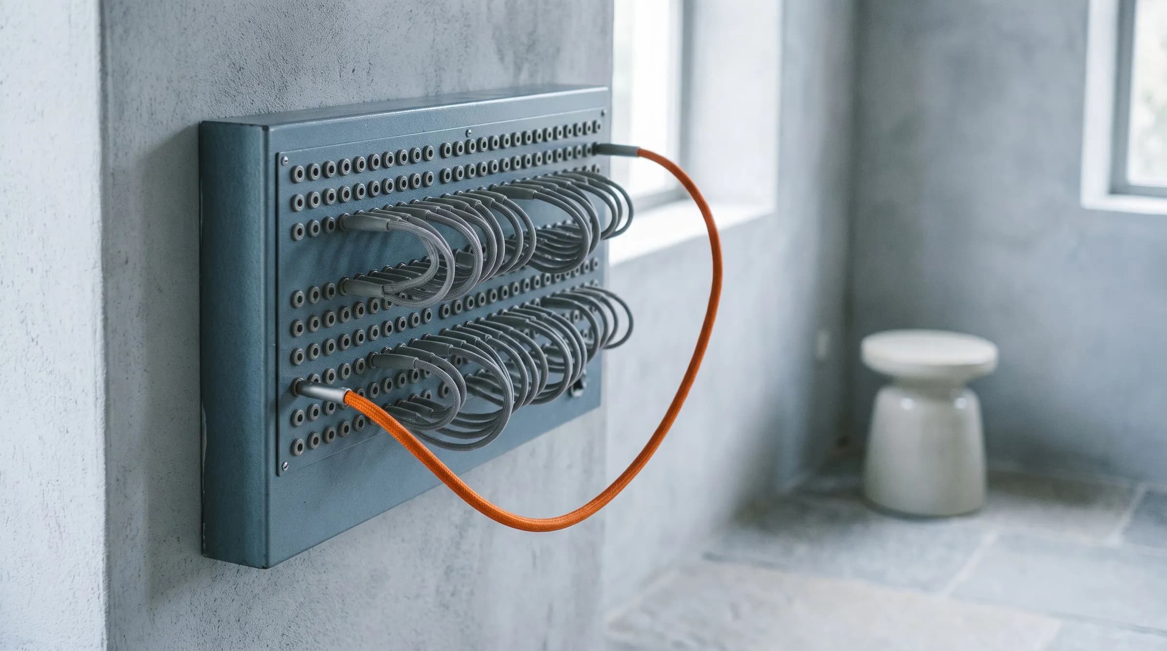 A grey switchboard panel on a plaster wall, its sockets linked by grey woven cables and a single orange cable joining two distant sockets