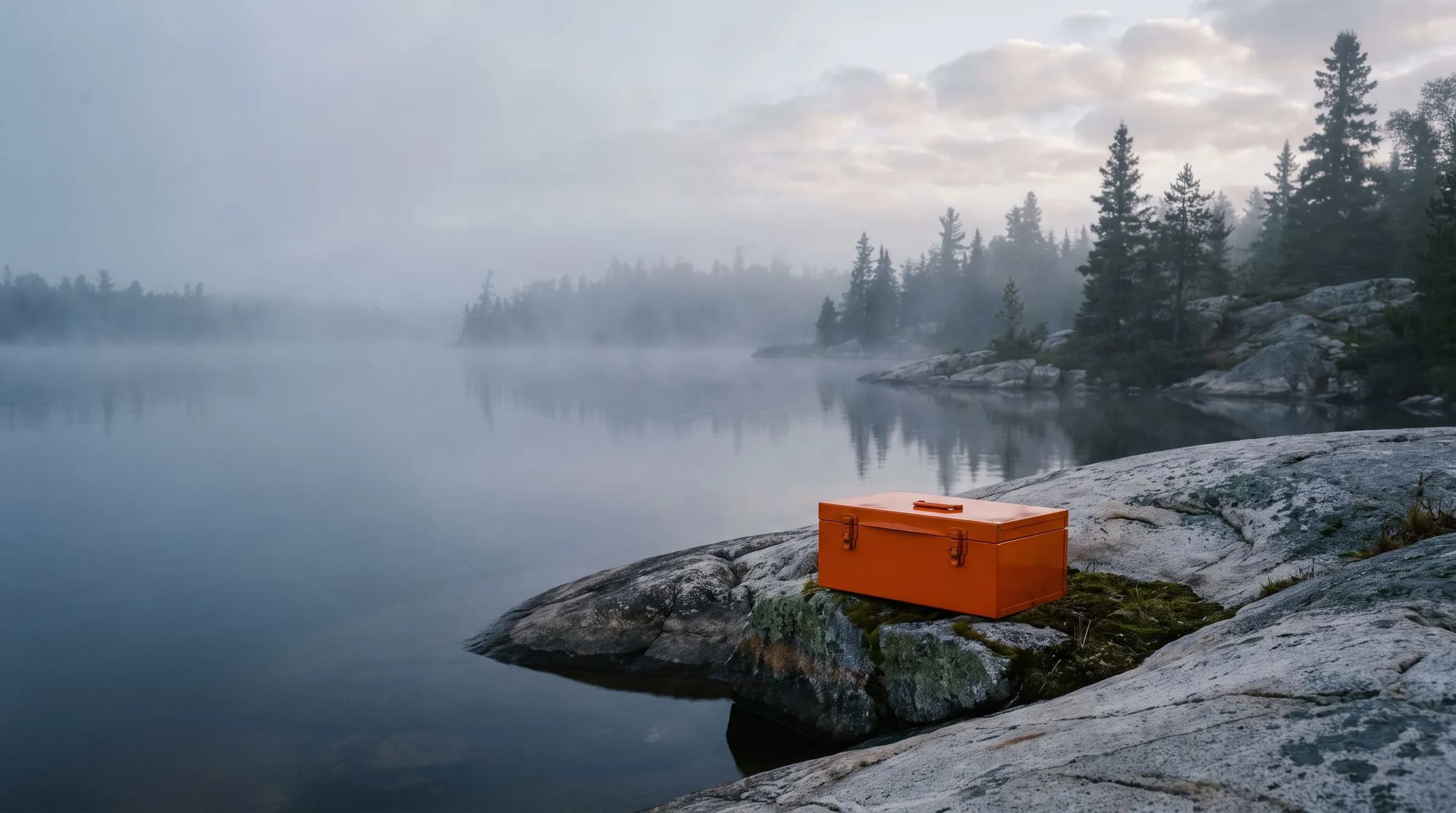 A misty Canadian Shield lake at dawn with spruce on granite shores and a single closed orange metal strongbox on the rock