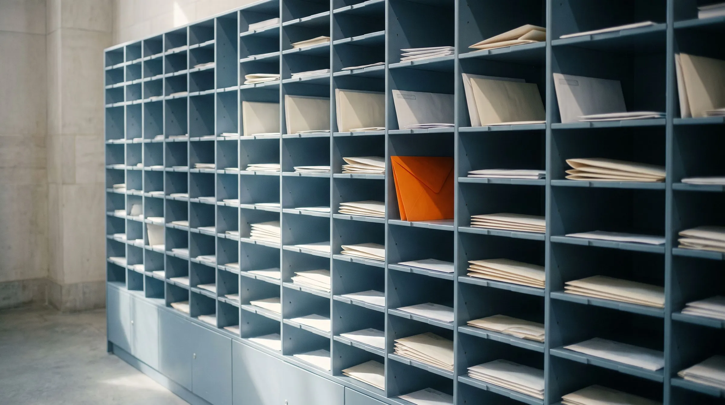 A wall of grey pigeonhole mail slots holding neatly sorted white envelopes, with a single orange envelope set aside in one slot