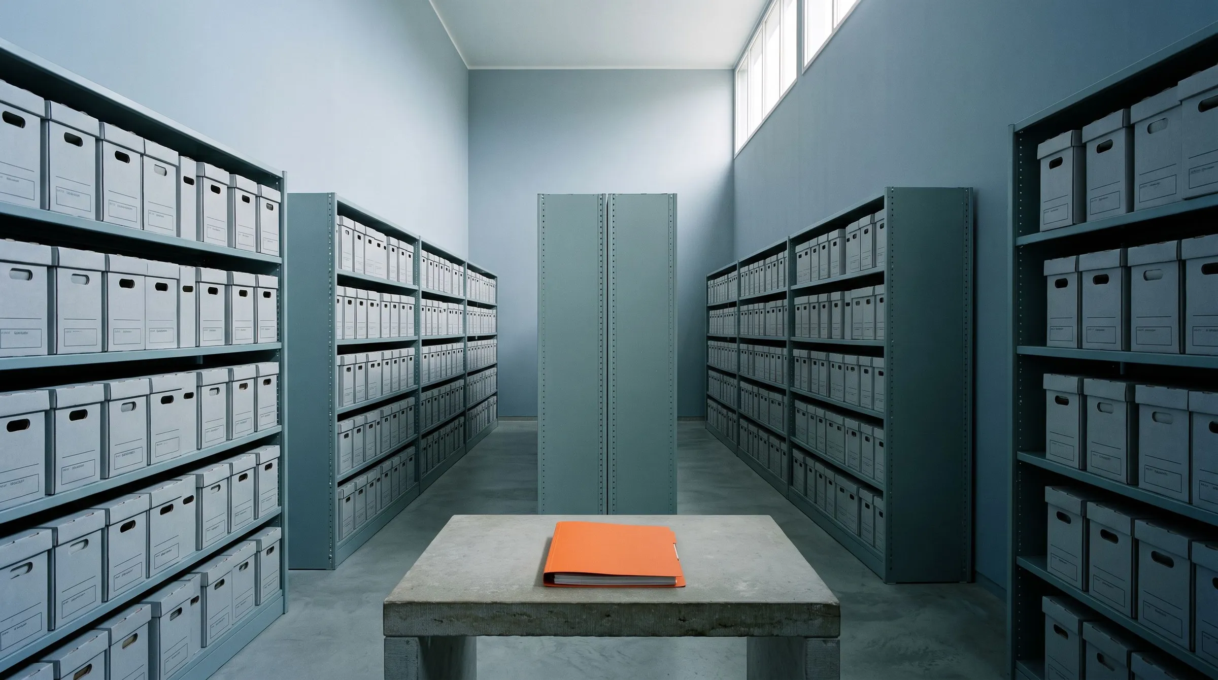A quiet archive room with grey record boxes on steel shelving and a single orange file folder on a concrete reading table