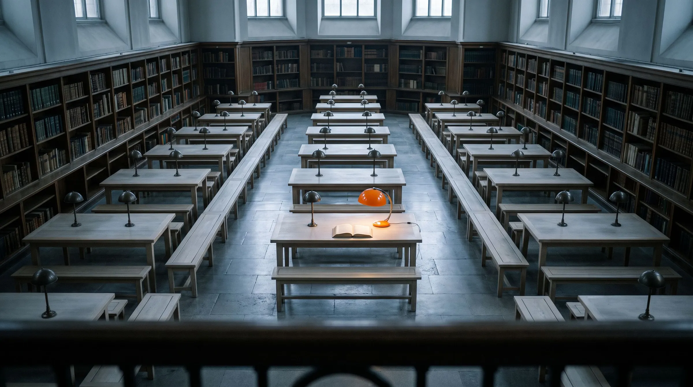 A vast, dim reading room of empty wooden tables seen from a balcony, with one orange desk lamp lit over a single open book