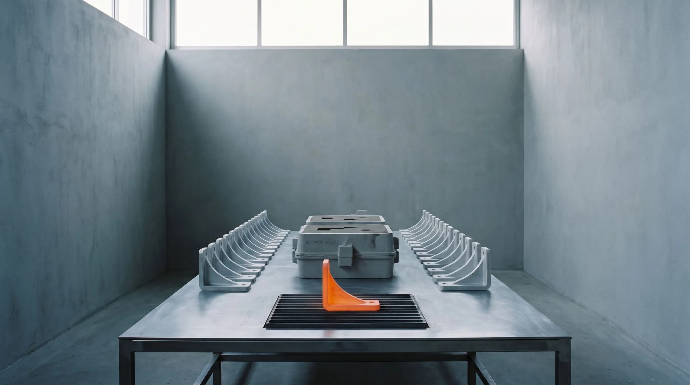 A steel workbench in a concrete workshop with two rows of grey cast brackets on either side of a shared mould and one orange bracket cooling in front