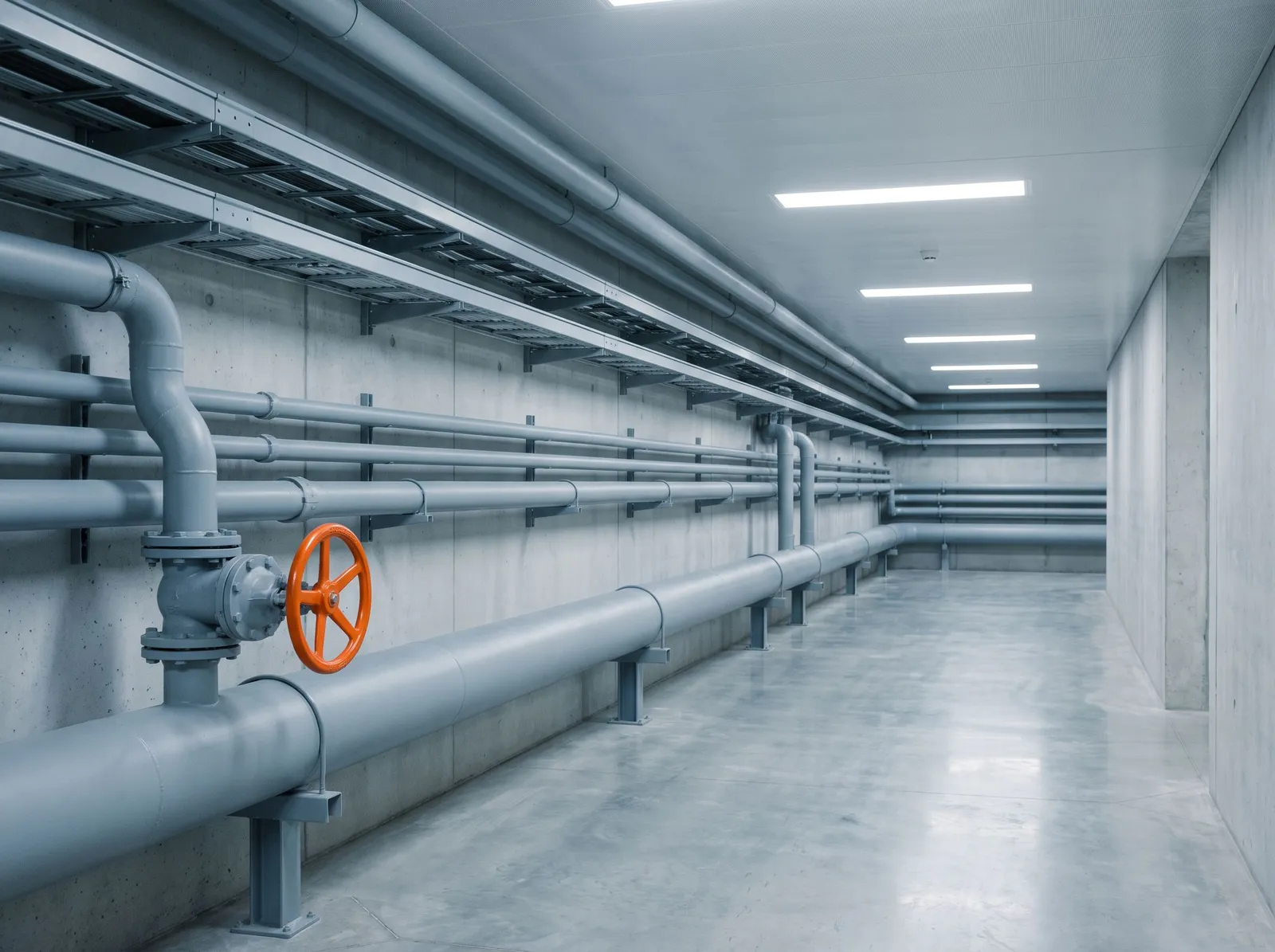 A clean concrete utility corridor with runs of grey pipes along the wall and a single orange valve wheel on the main line