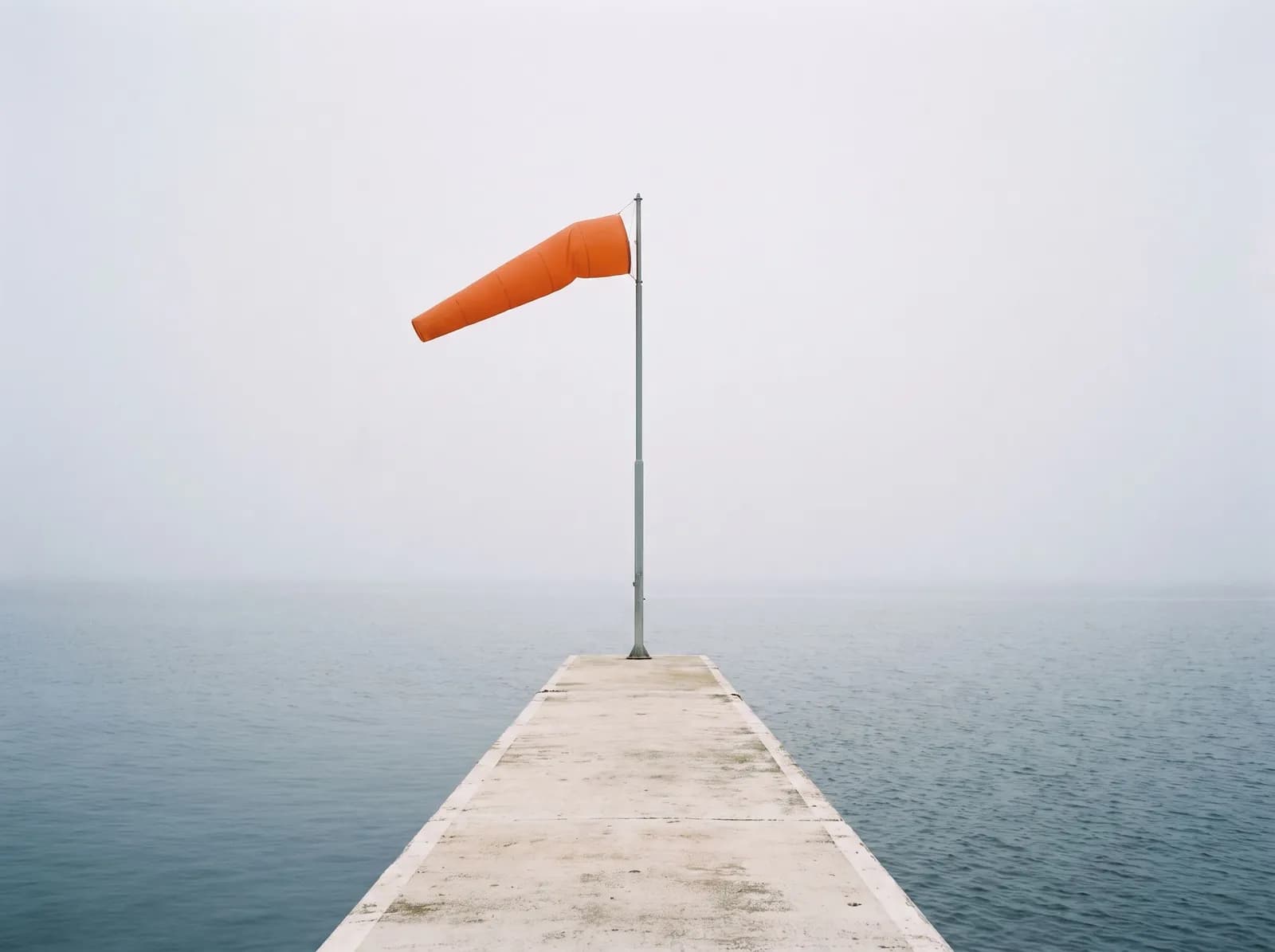 A pale concrete pier reaching into a calm, foggy sea, with a single orange windsock at its end showing which way the wind is moving