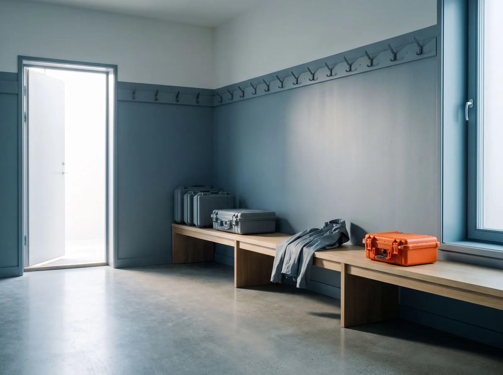 A quiet equipment room with grey hard-shell cases on an oak bench and one orange field case near the open door