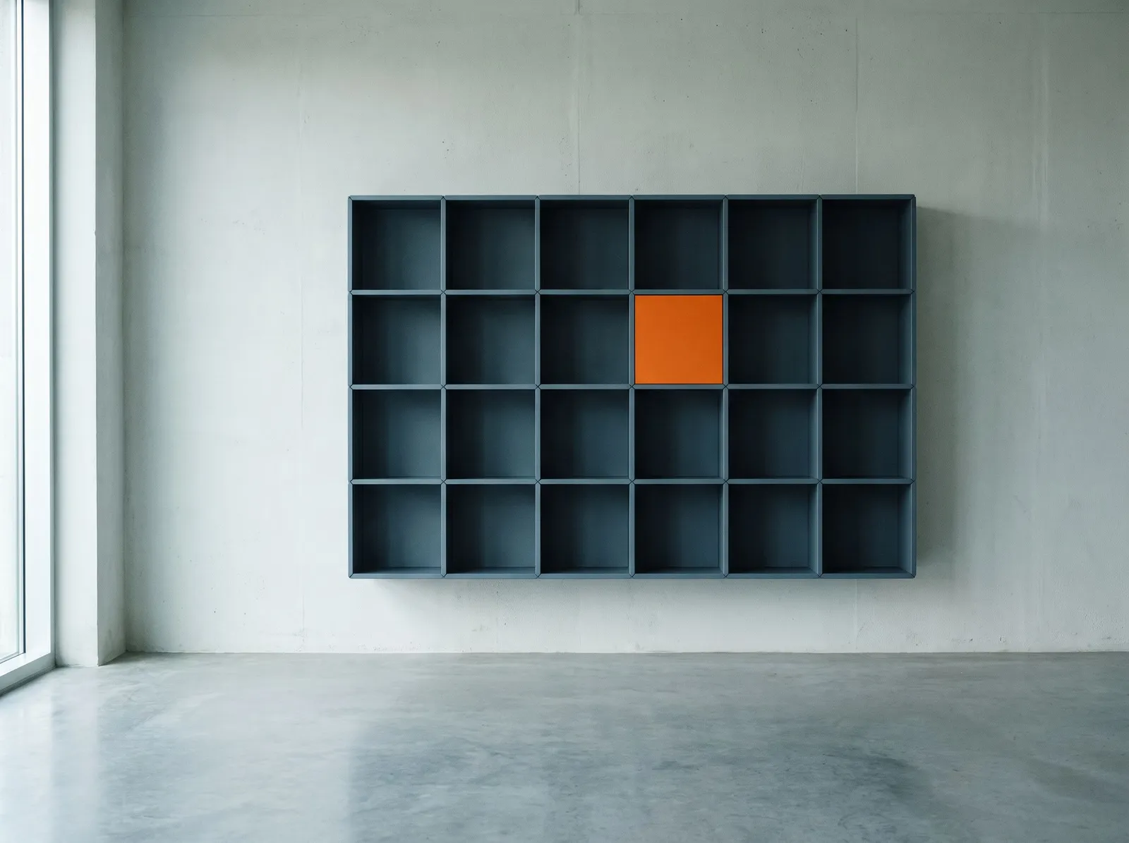 A grid of identical slate-grey storage cubes on a concrete wall, with one module in the middle row finished in vivid orange