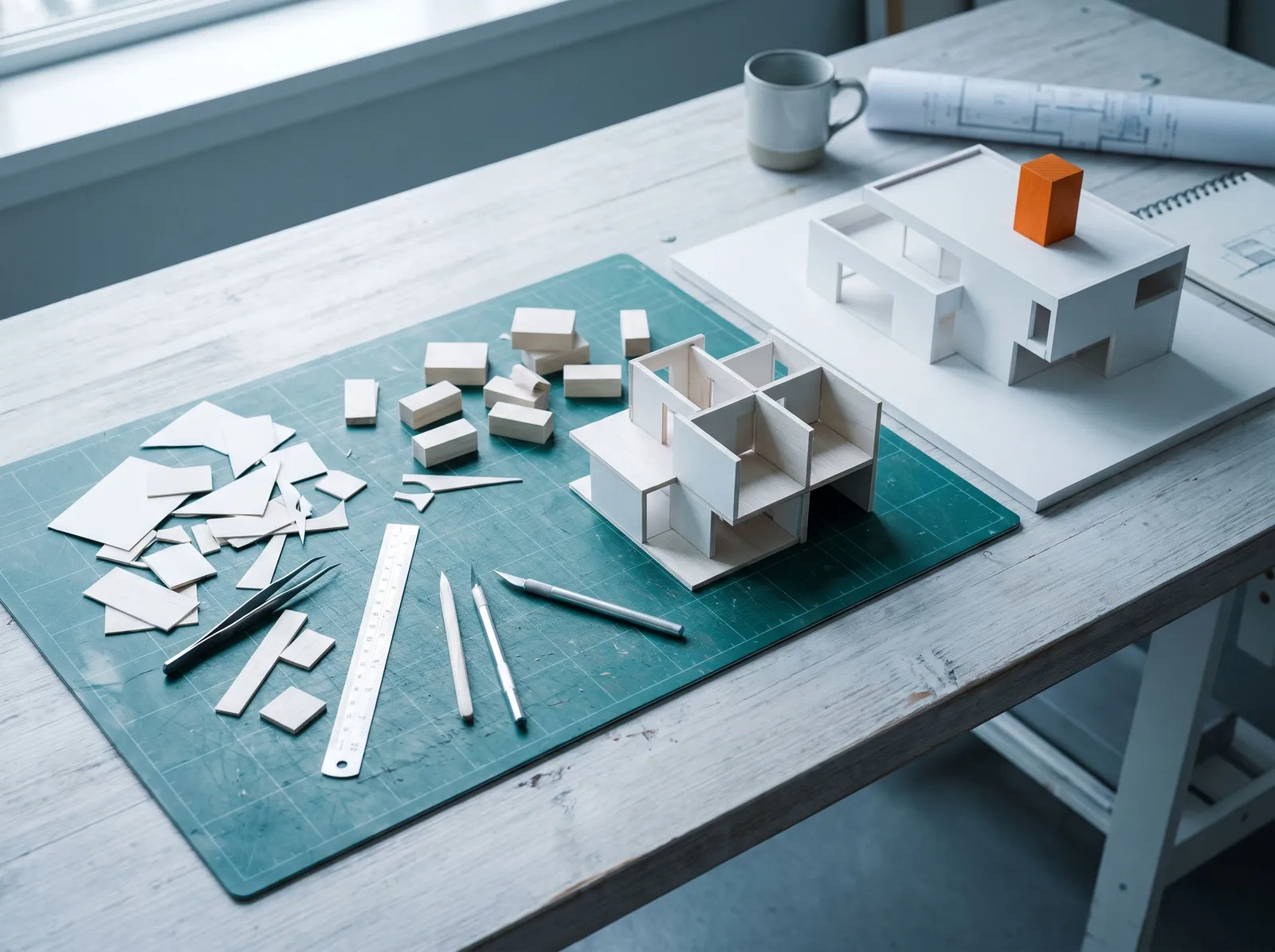 A model-maker’s table where loose white blocks become one finished model, completed by a single orange block