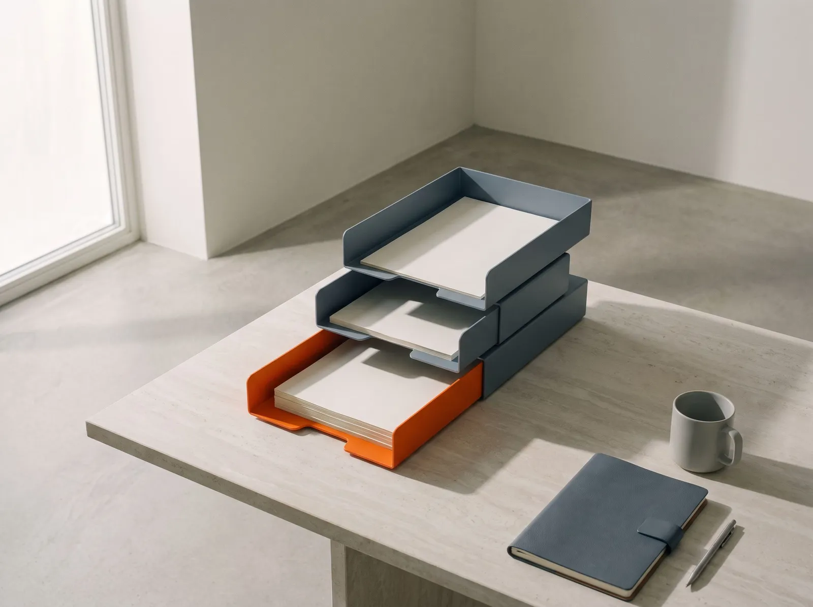 A quiet operations desk with neat paper trays and a single orange tray where finished work lands