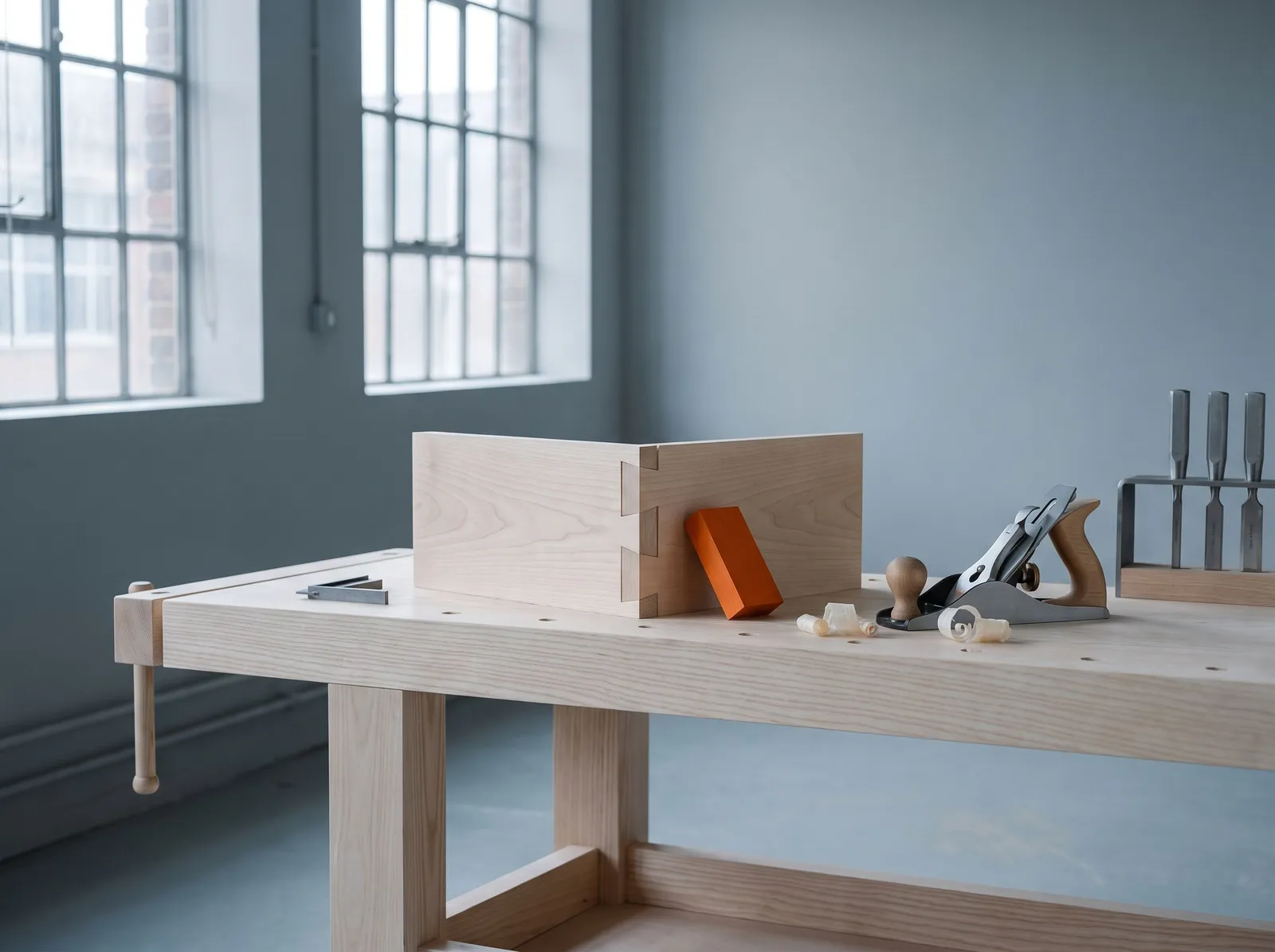 A pale ash workbench with a hand-cut dovetail joint in maple, a hand plane, wood shavings and one small orange block resting against the joint