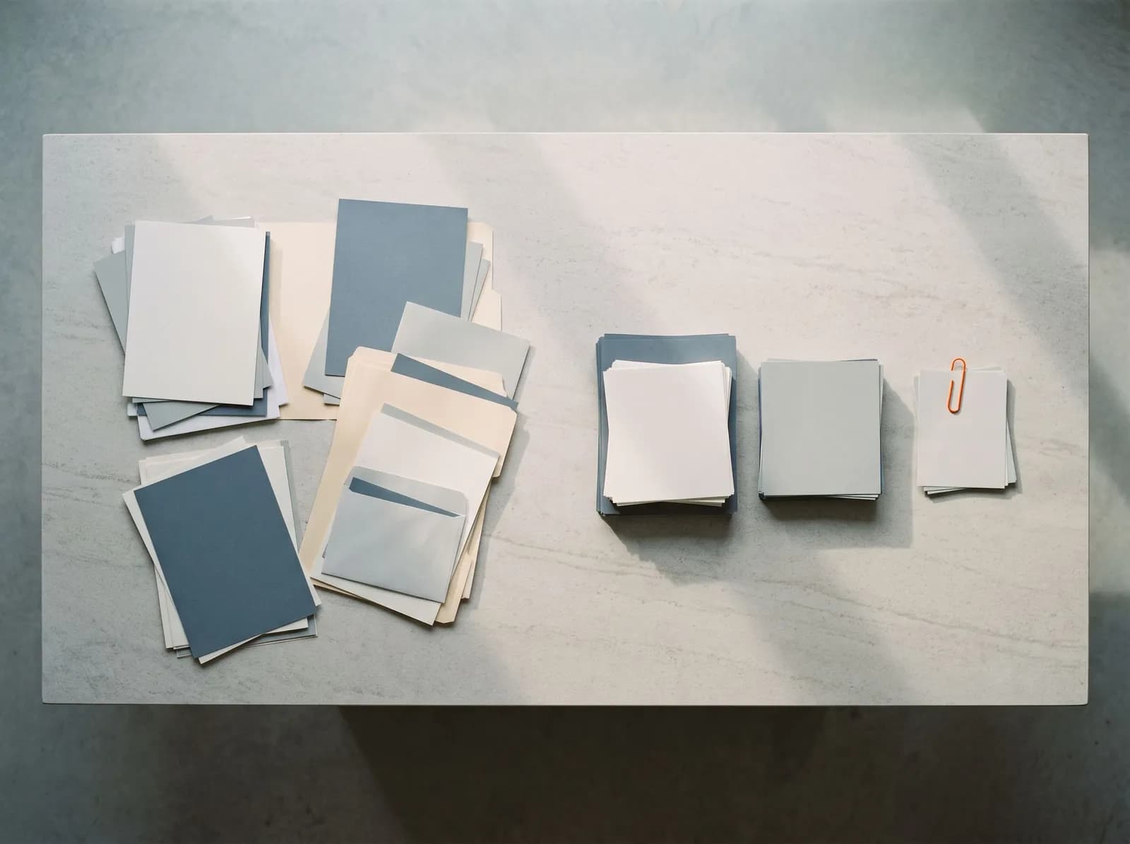 Loose papers, folders and envelopes on a stone table squared into neat piles, with one small stack set aside under an orange paper clip